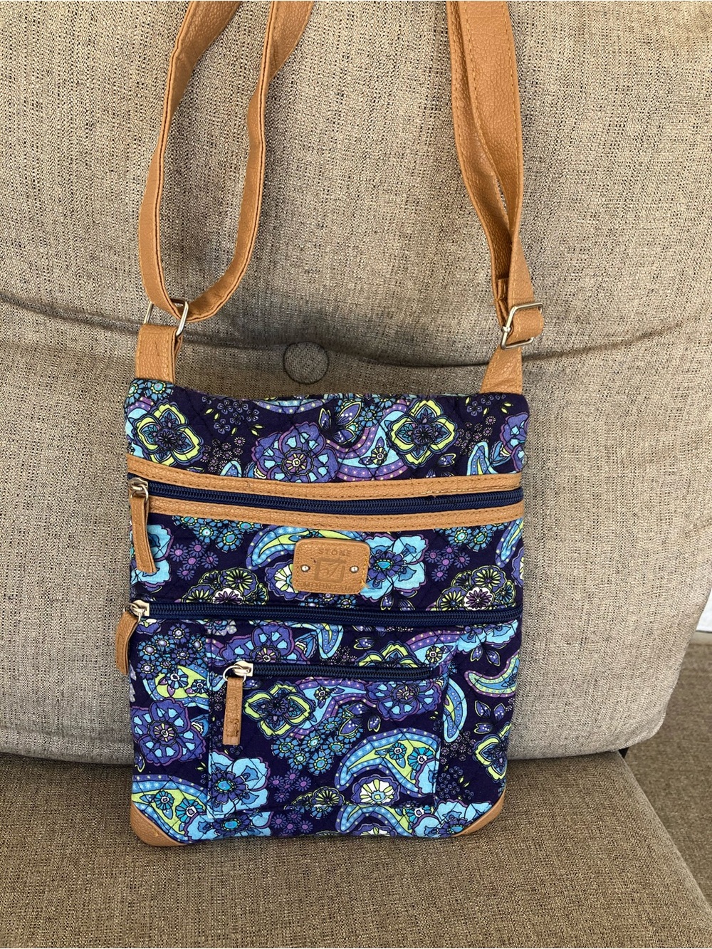 Stone Mountain Accessories Navy Blue Floral Paisley Crossbody with Tan Accents